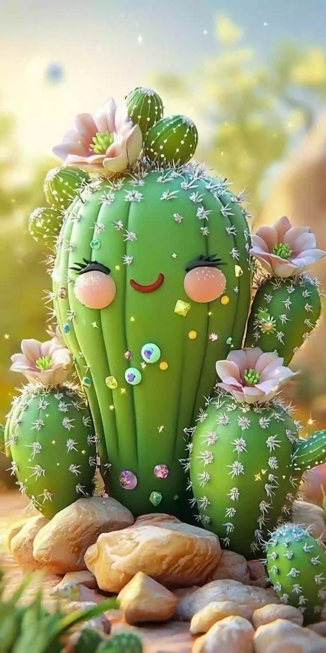 Diamond Painting Kaktus mit Gesicht und Blüten.