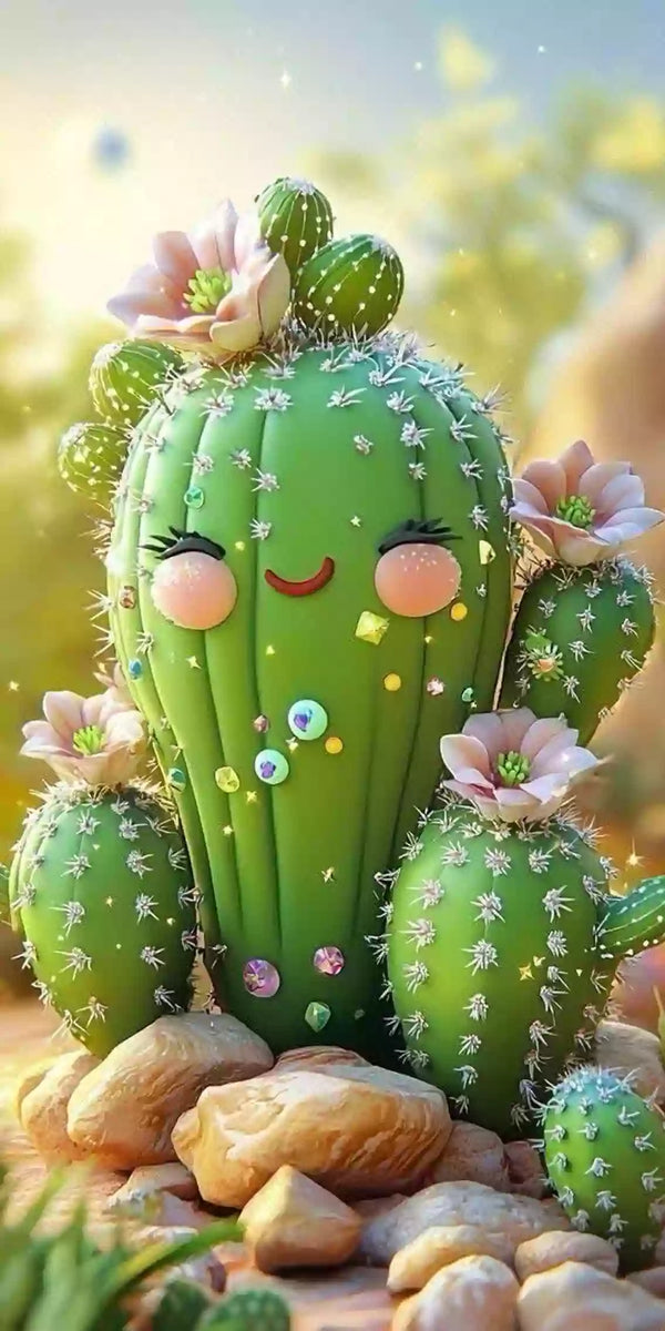 Diamond Painting Kaktus mit Gesicht und Blüten.