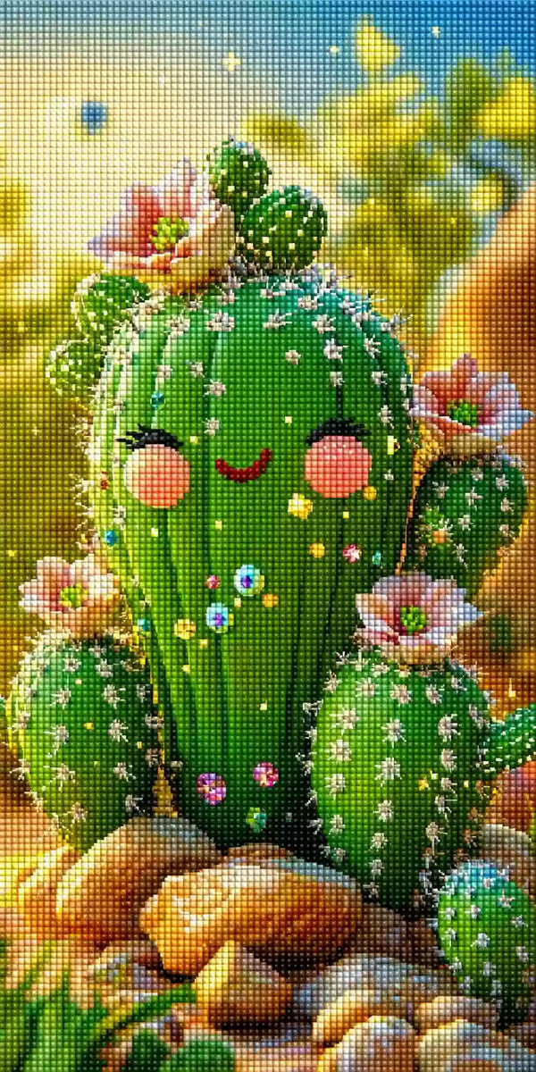 Diamond Painting Kaktus mit Gesicht und Blüten. Mock up