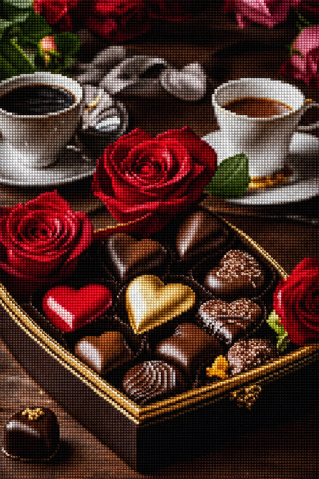Diamond Painting mit Pralinenschachtel, herzförmiger Schokolade, roten Rosen und zwei Tassen Mockup