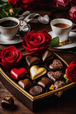 Diamond Painting mit Pralinenschachtel, herzförmiger Schokolade, roten Rosen und zwei Tassen Mockup