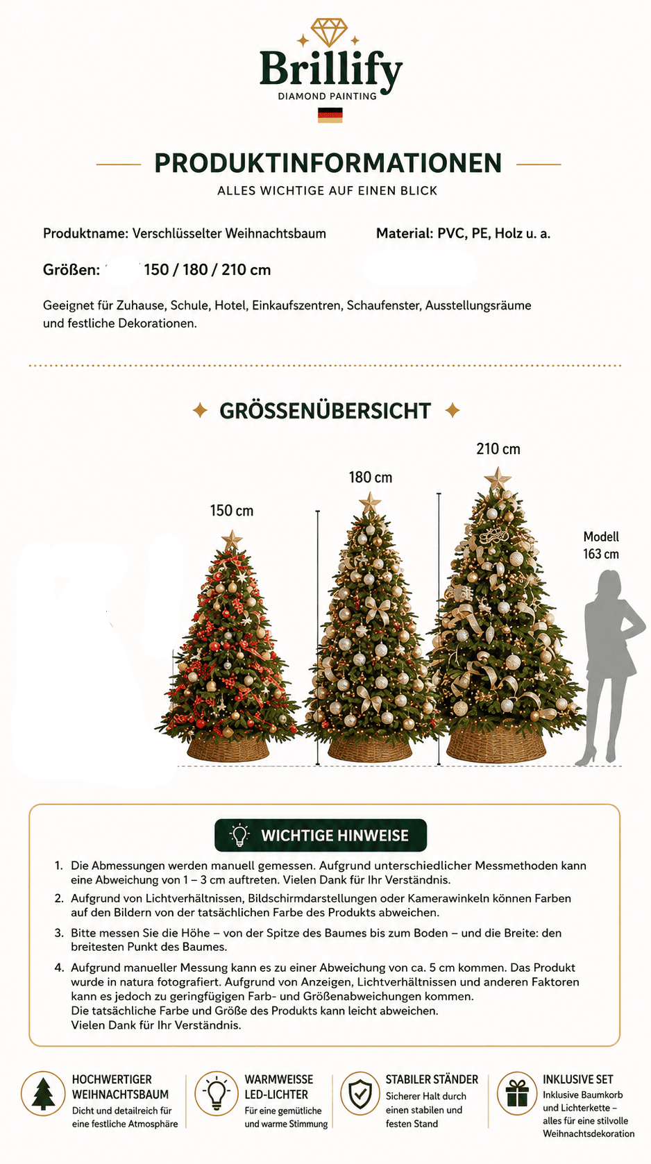 Produktinformationen und Groessenuebersicht zum kuenstlichen Weihnachtsbaum mit verschiedenen verfuegbaren Baumhoehen