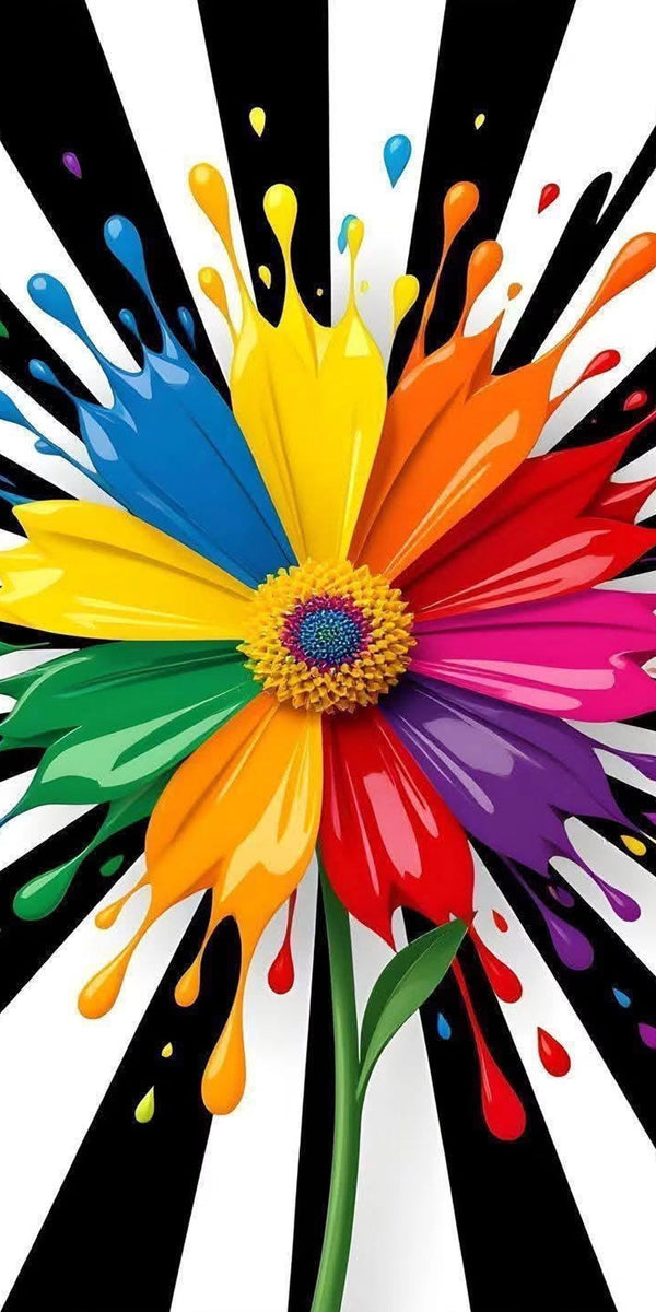 Diamond Painting mit Regenbogenblume, bunten Farbspritzern und radialem Schwarz-Weiß-Hintergrund