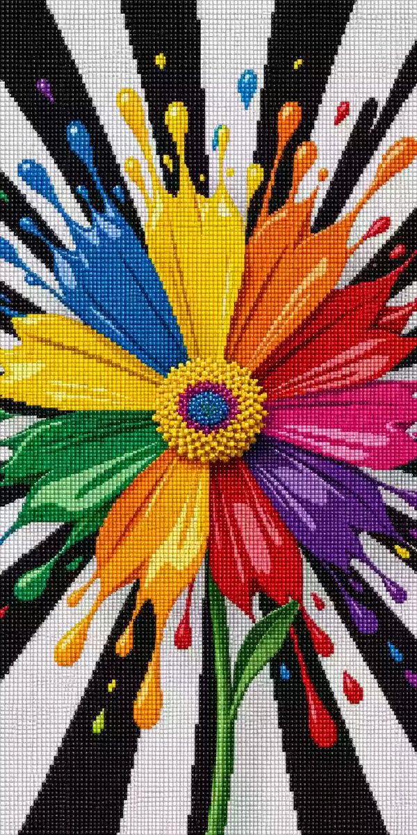 Diamond Painting mit Regenbogenblume, bunten Farbspritzern und radialem Schwarz-Weiß-Hintergrund Mockup Pixelvorschau