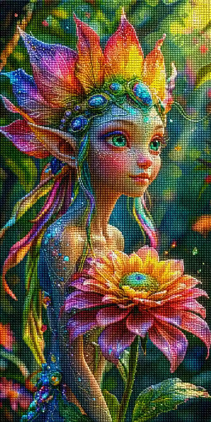 Diamond Painting mit bunter Waldelfe, Regenbogenkrone, grünen Augen und großer Fantasieblume Mockup Pixelvorschau