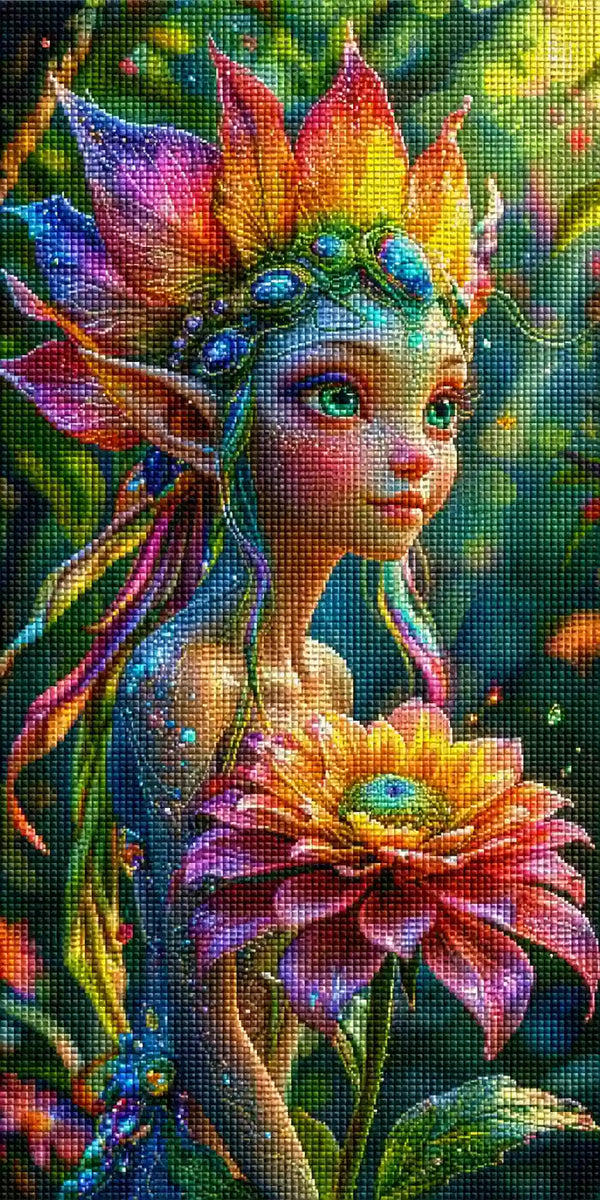 Diamond painting with colorful forest elf, rainbow crown, green eyes and large fantasy flower - mockup pixel preview
