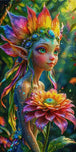 Diamond Painting mit bunter Waldelfe, Regenbogenkrone, grünen Augen und großer Fantasieblume Mockup Pixelvorschau