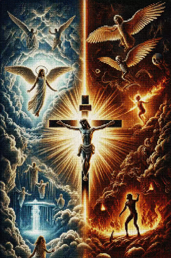 Diamond Painting einer Kreuzigungsszene mit leuchtendem Licht Mock up
