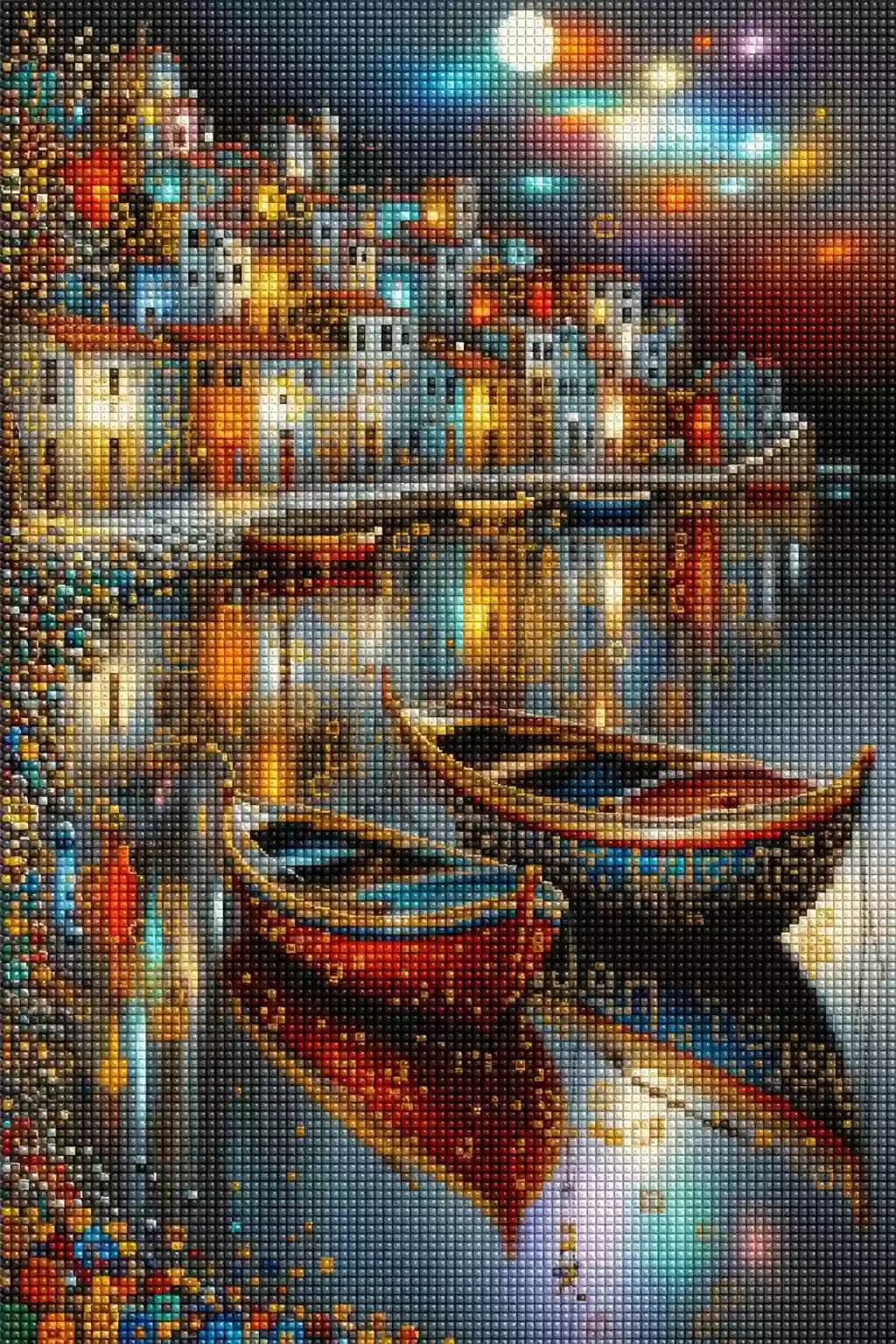 Beleuchteter Hafen mit Booten und Spiegelung als Diamond Painting. Mockup Pixelvorschau