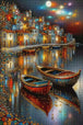 Beleuchteter Hafen mit Booten und Spiegelung als Diamond Painting. Mockup Pixelvorschau