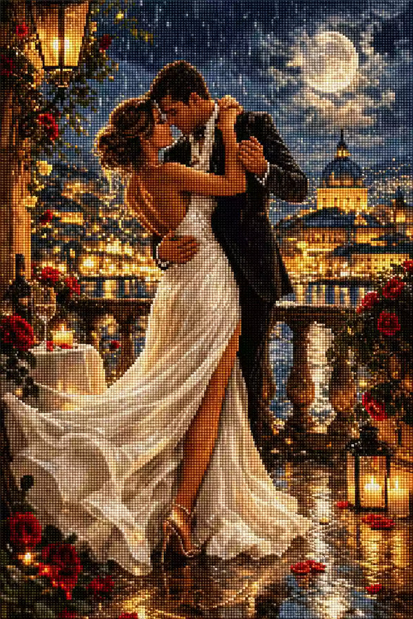 Tanzendes Paar im Regen vor nächtlicher Stadtkulisse als Diamond Painting. Mockup Pixelvorschau