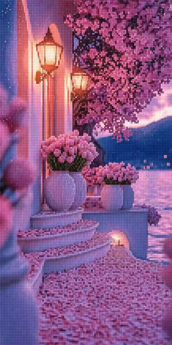 Diamond Painting mit rosa Blumenterrasse, Laternen, blühendem Baum, See und Bergen bei Abendlicht Mockup