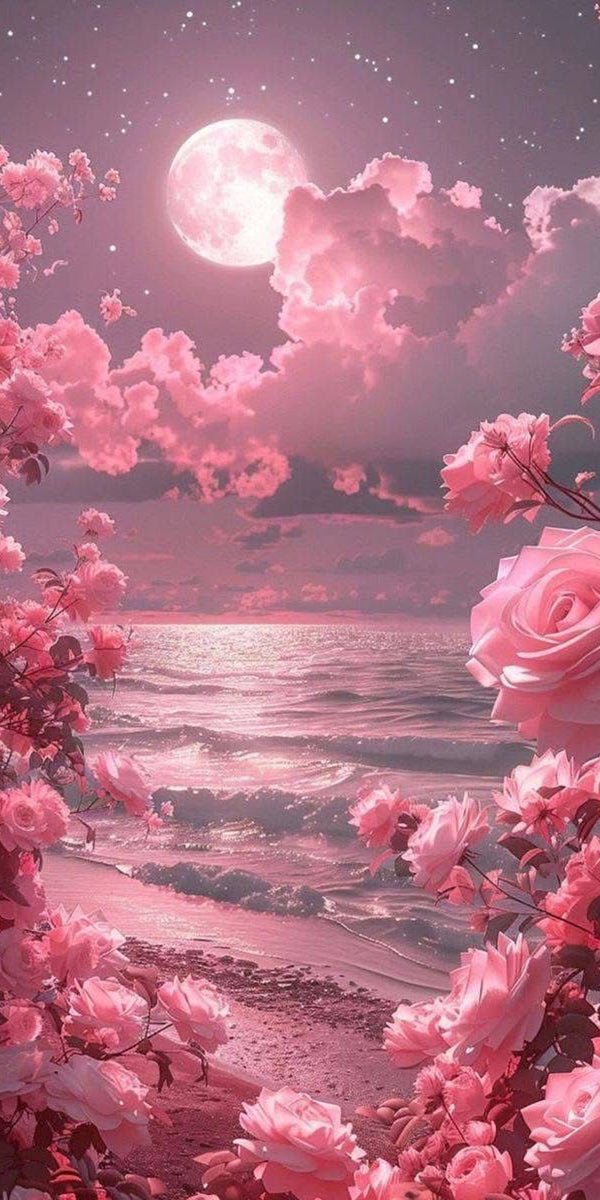 Diamond Painting mit rosa Vollmond, Wolken, Meeresstrand und großen Rosen im Vordergrund