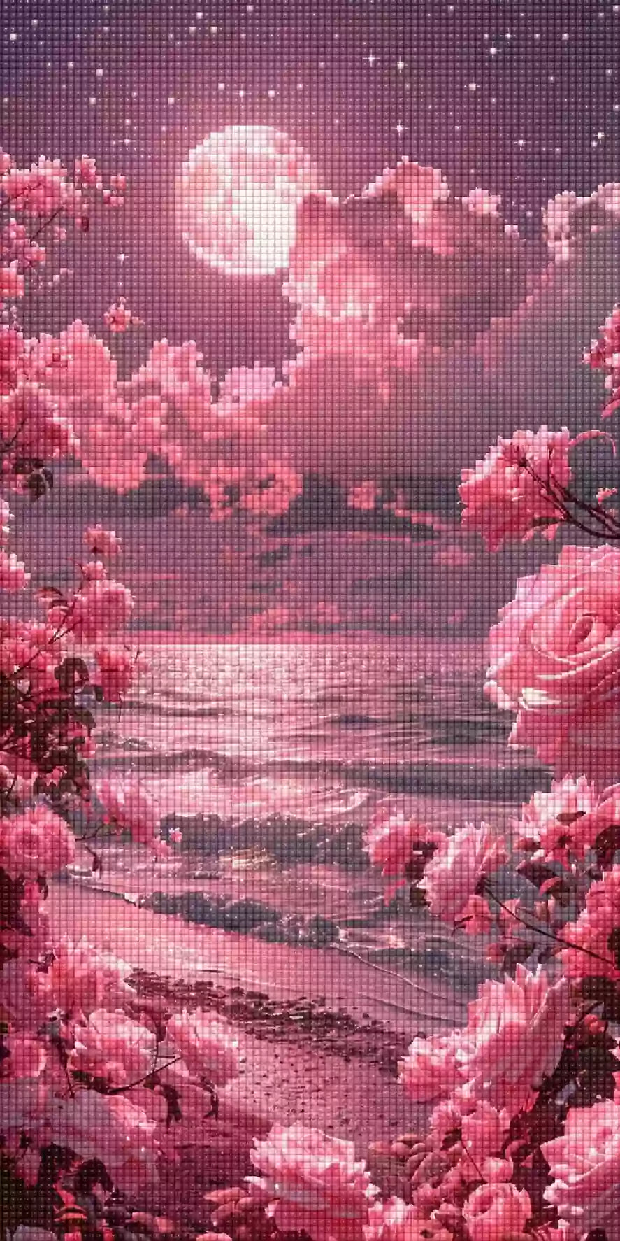 Diamond Painting mit rosa Vollmond, Wolken, Meeresstrand und großen Rosen im Vordergrund Mockup
