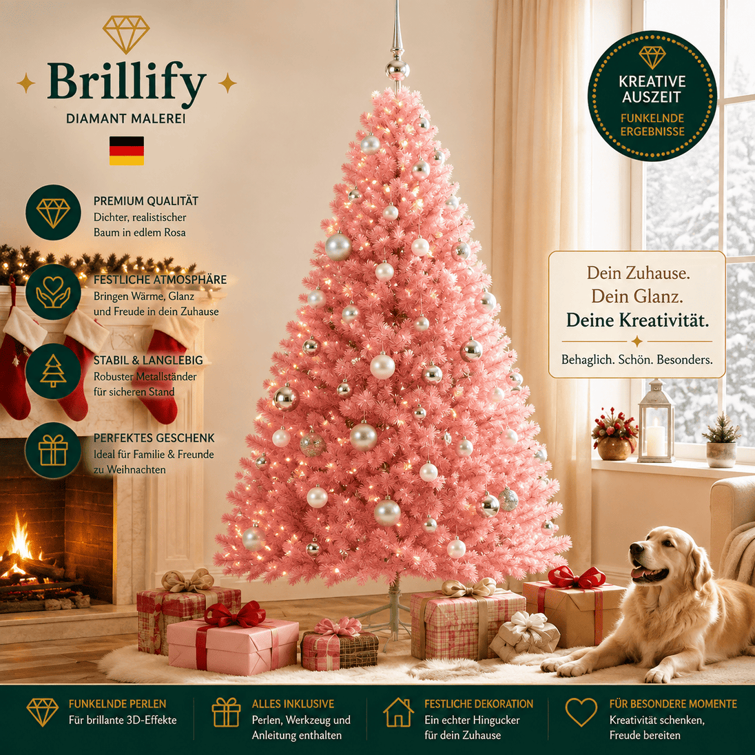Rosa Weihnachtsbaum mit funkelnden Perlen und LED-Lichtern – kreative Weihnachtsdekoration modern