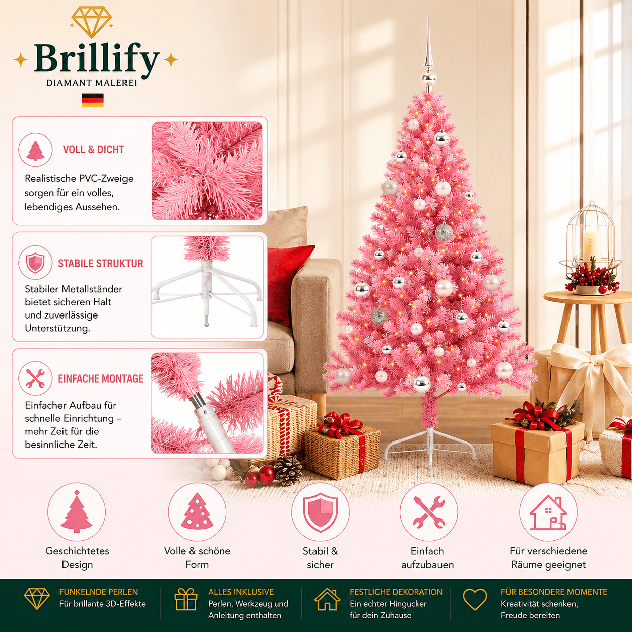 Rosa Weihnachtsbaum mit funkelnden Perlen und LED-Lichtern – kreative Weihnachtsdekoration 