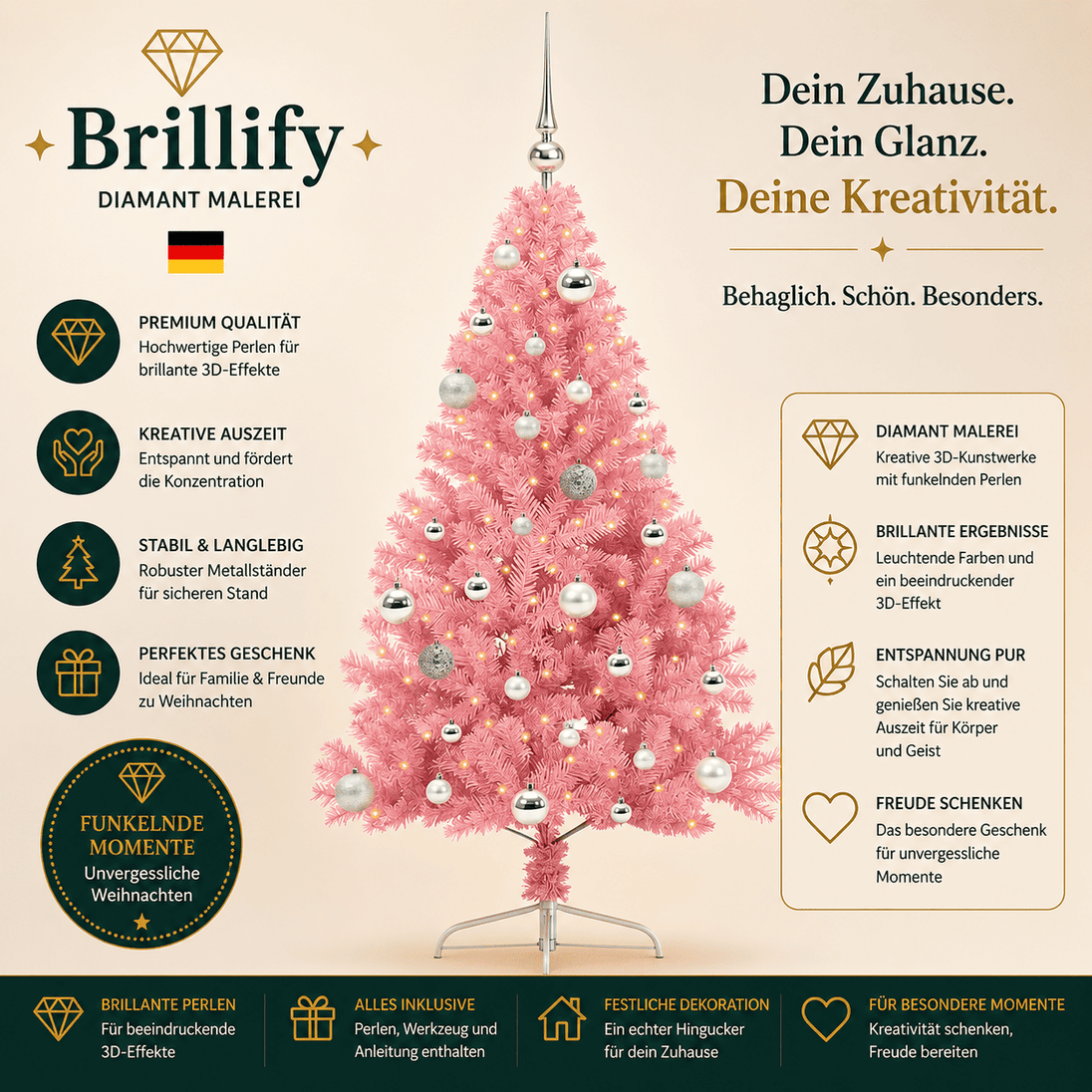 Rosa Weihnachtsbaum mit funkelnden Perlen und LED-Lichtern – kreative Weihnachtsdekoration von Brillify