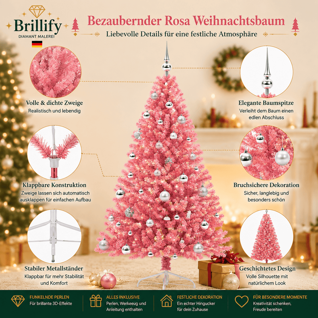 Rosa Weihnachtsbaum mit dichten PVC-Zweigen, Christbaumspitze und Perlen-Dekoration – Brillify Weihnachtsdekoration