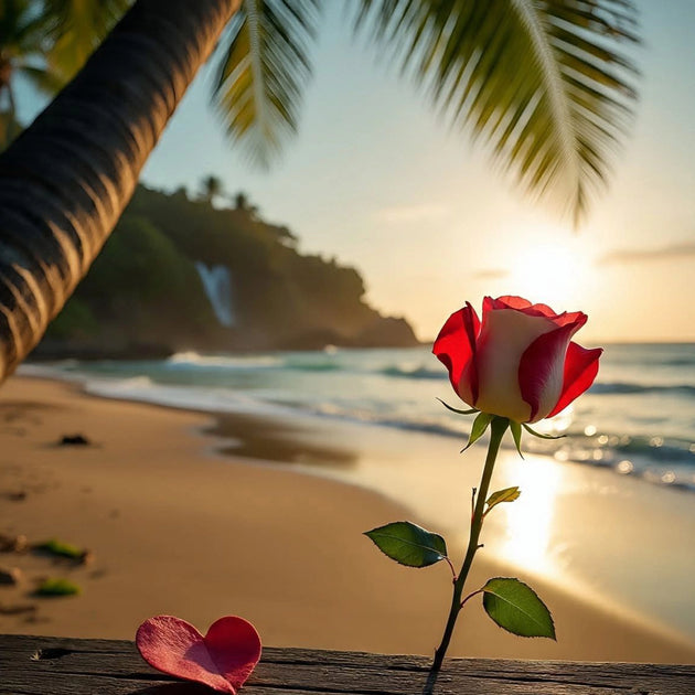 Diamond Painting mit rot-weißer Rose, Herz, Palme, Strand, Meer und Sonnenuntergang