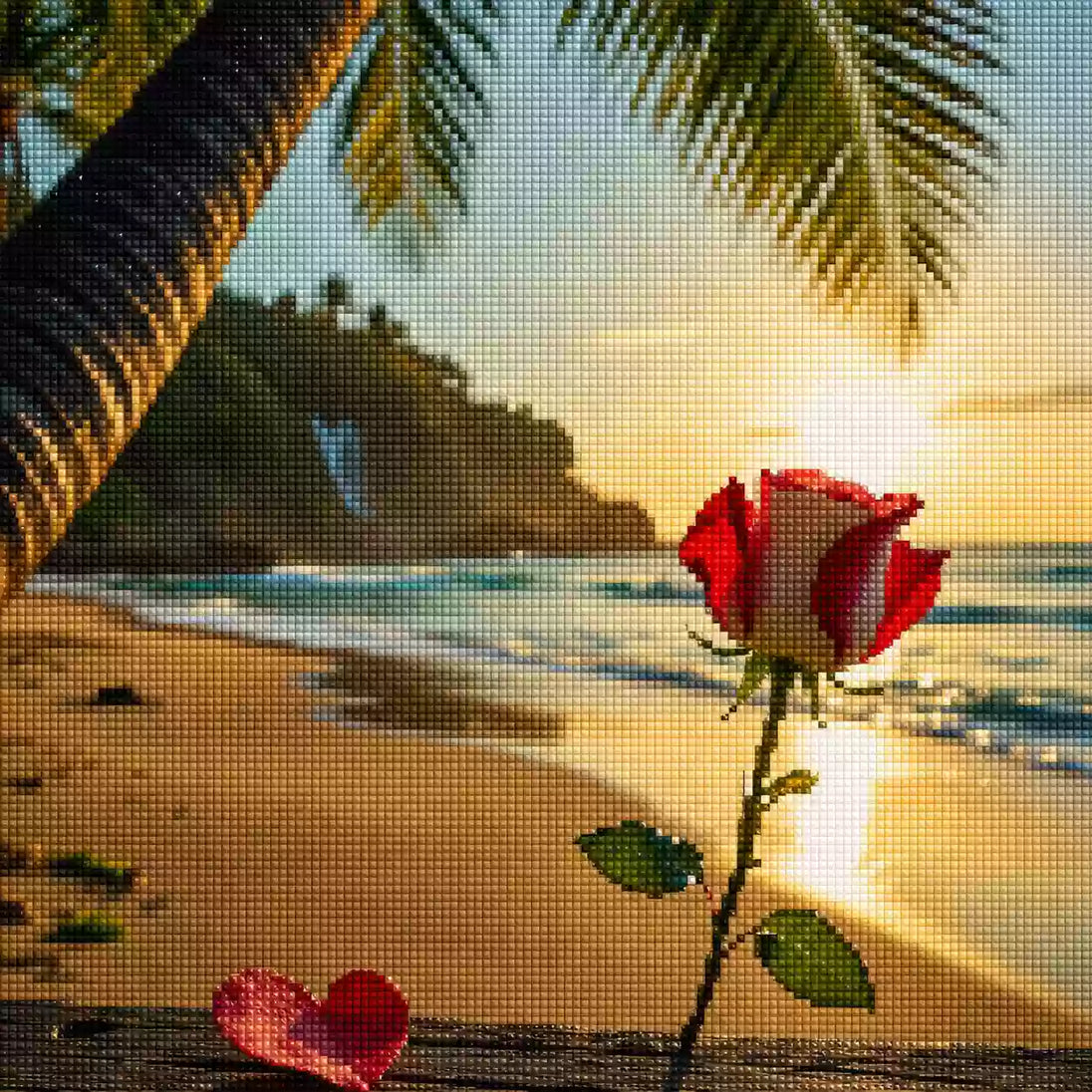 Diamond Painting mit rot-weißer Rose, Herz, Palme, Strand, Meer und Sonnenuntergang, Mockup, Pixelvorschau