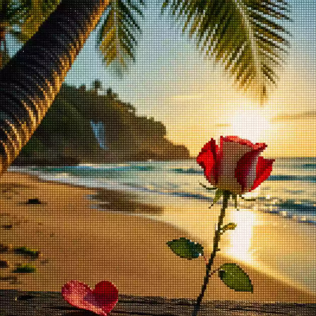 Diamond Painting mit rot-weißer Rose, Herz, Palme, Strand, Meer und Sonnenuntergang, Mockup, Pixelvorschau