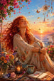 Diamond Painting mit rothaariger Boho-Frau, Blumen, Schmetterlingen und Sonnenuntergang am Meer