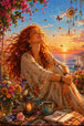 Diamond Painting mit rothaariger Boho-Frau, Blumen, Schmetterlingen und Sonnenuntergang am Meer, Mockup, Pixelvorschau
