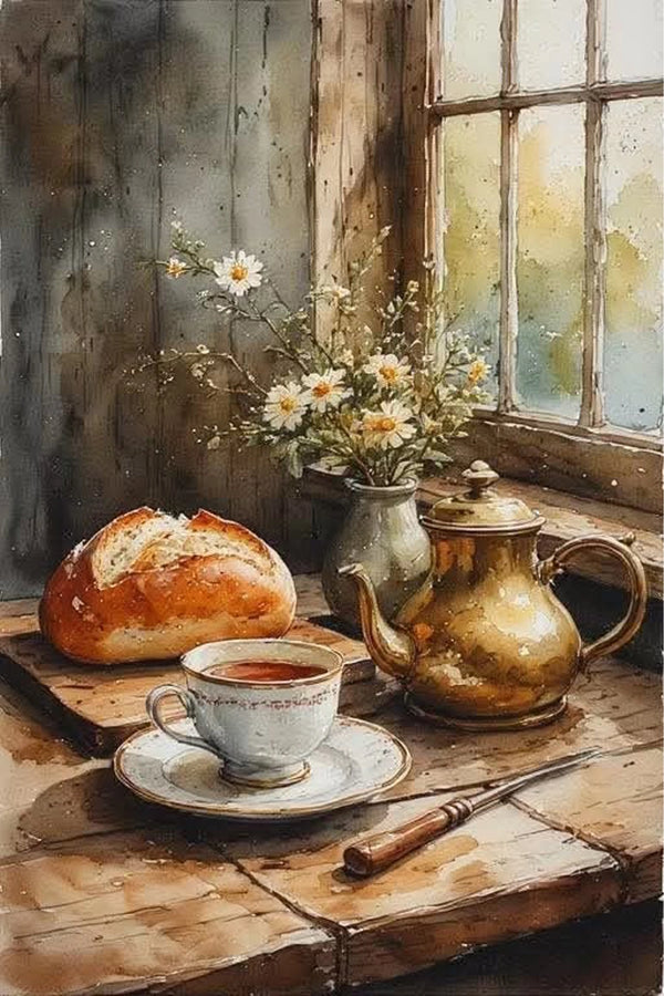 Diamond Painting mit Teetasse, Messingkanne, Brot und weißen Blumen auf einem Holztisch