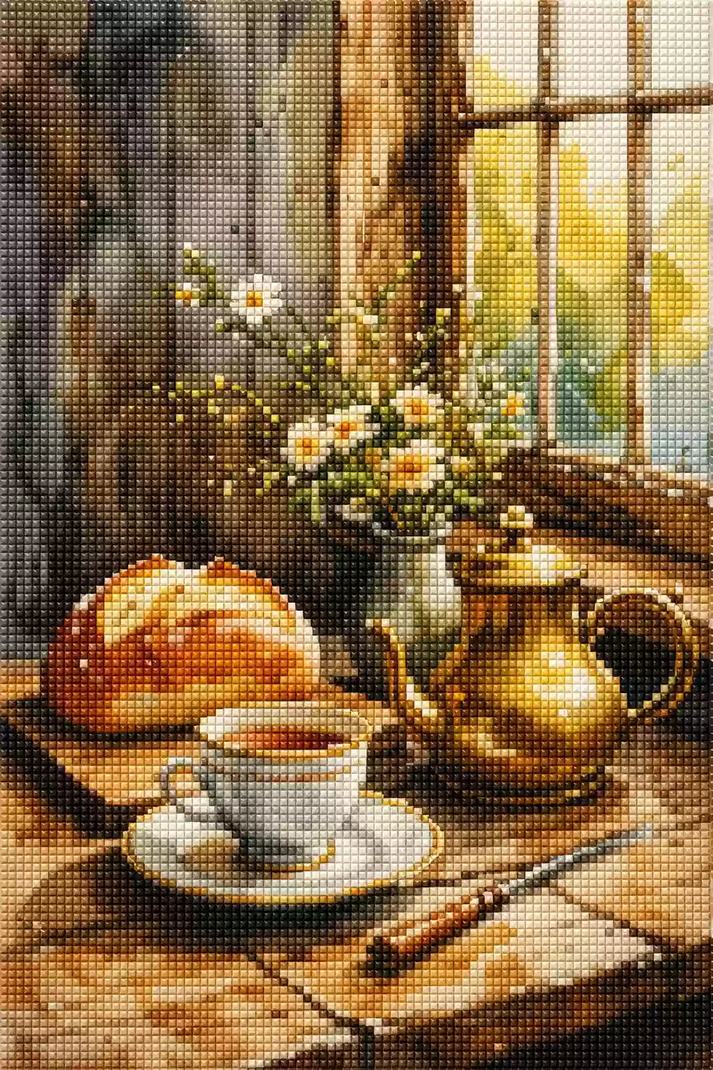 Diamond Painting mit Teetasse, Messingkanne, Brot und weißen Blumen auf einem Holztisch, Mockup, Pixelvorschau