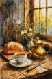 Diamond Painting mit Teetasse, Messingkanne, Brot und weißen Blumen auf einem Holztisch, Mockup, Pixelvorschau