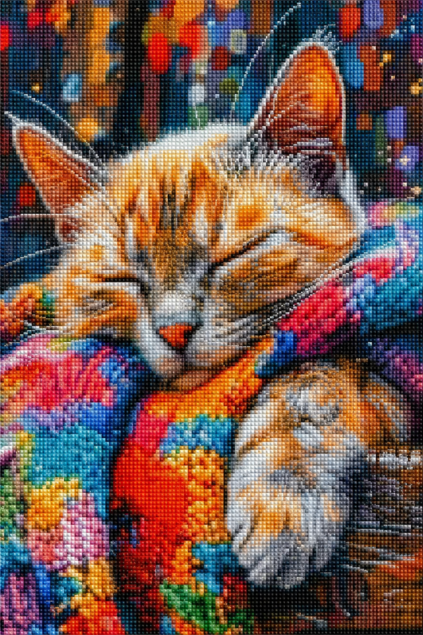 Diamond Painting mit schlafender Glückskatze auf einer bunten gestrickten Patchworkdecke Mock up