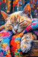 Diamond Painting mit schlafender Glückskatze auf einer bunten gestrickten Patchworkdecke