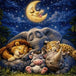 Diamond Painting mit schlafendem Elefanten, Löwen, Leopard, Nashorn, Kuh, Mond und Sternen, Mockup, Pixelvorschau