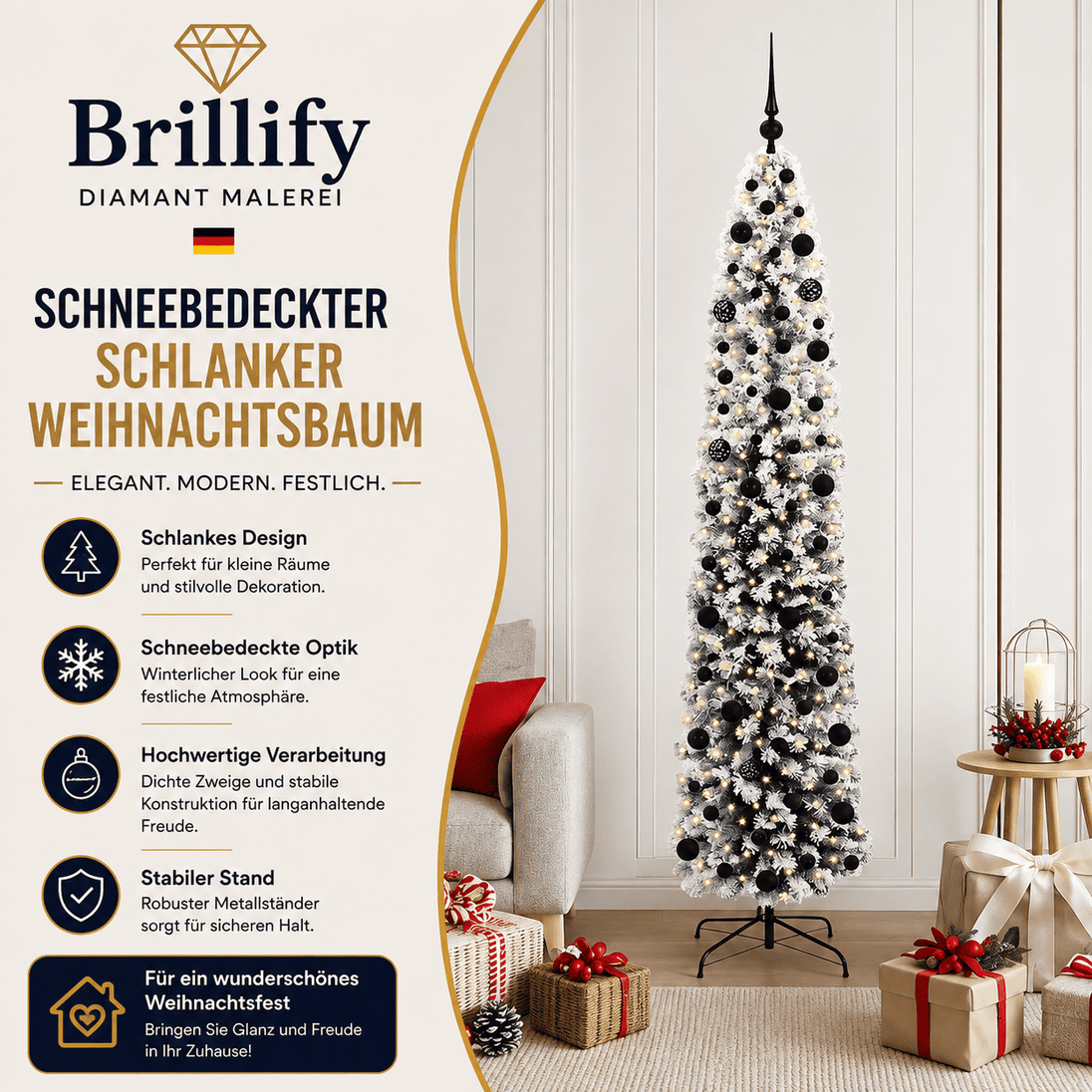 Schneebedeckter schmaler künstlicher Weihnachtsbaum mit schwarzen Kugeln als festliche Dekoration im Wohnzimmer