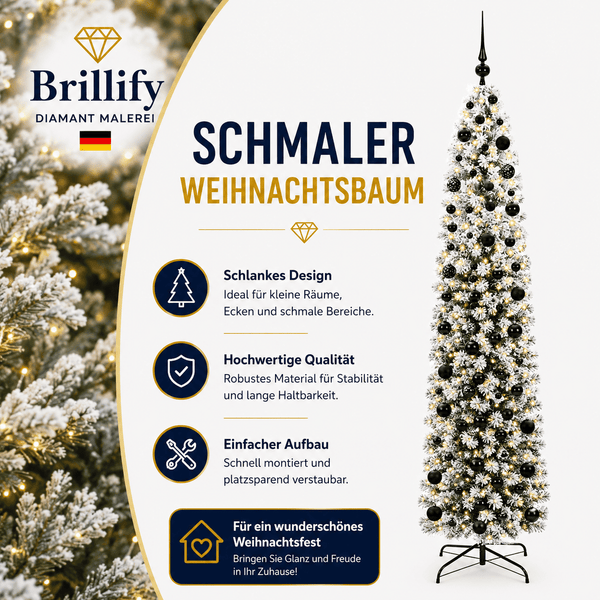 Narrow artificial Christmas tree with warm white lighting and black Christmas baubles – space-saving Christmas decoration