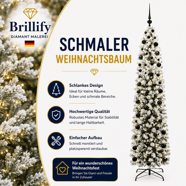 Schmaler künstlicher Weihnachtsbaum mit warmweißer Beleuchtung und schwarzen Weihnachtskugeln – platzsparende Weihnachtsdekoration