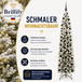 Schmaler künstlicher Weihnachtsbaum mit warmweißer Beleuchtung und schwarzen Weihnachtskugeln – platzsparende Weihnachtsdekoration