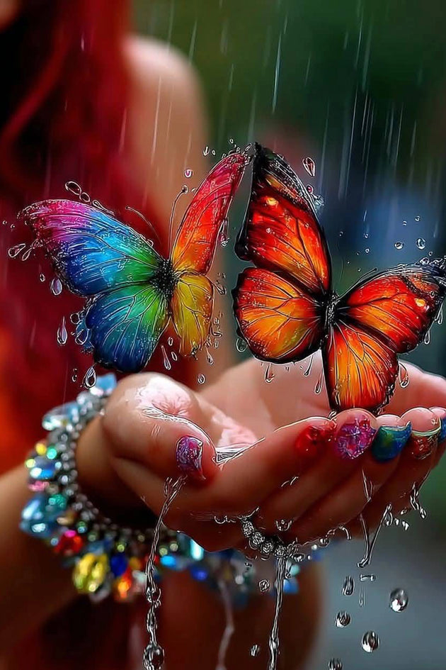Zwei bunte Schmetterlinge mit Wassertropfen als Diamond Painting.