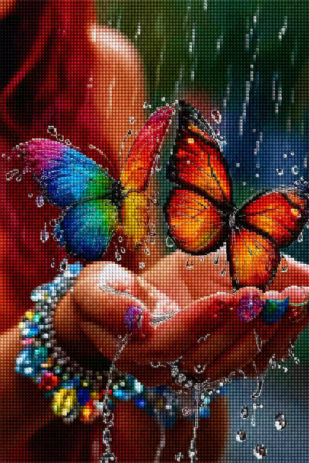 Zwei bunte Schmetterlinge mit Wassertropfen als Diamond Painting. Mockup Pixelvorschau