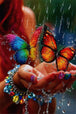 Zwei bunte Schmetterlinge mit Wassertropfen als Diamond Painting. Mockup Pixelvorschau