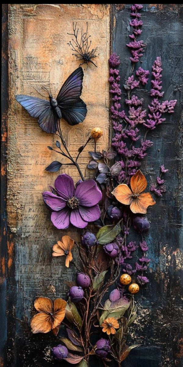 Diamond Painting mit violetten Blumen, orangefarbenen Schmetterlingen und dunklem Vintage-Hintergrund