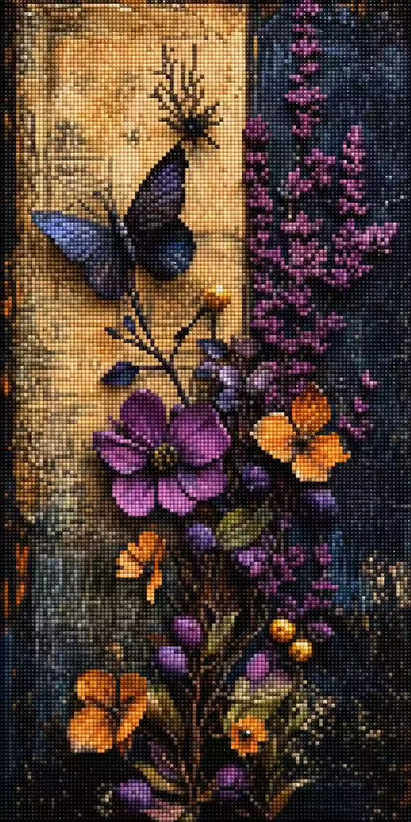 Diamond painting with purple flowers, orange butterflies and dark vintage background mockup