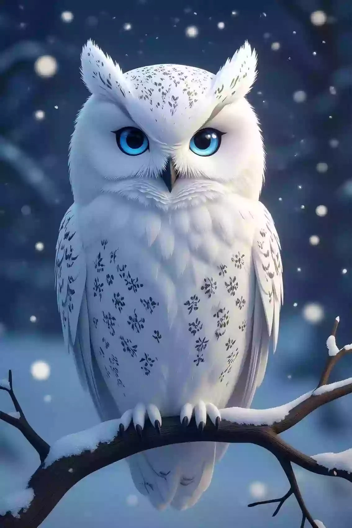 Diamond Painting mit weißer Schnee-Eule, blauen Augen, feinem Gefieder und fallenden Schneeflocken