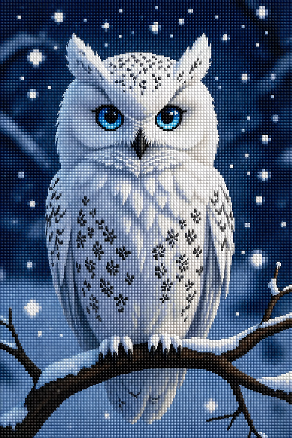Diamond Painting mit weißer Schnee-Eule, blauen Augen, feinem Gefieder und fallenden Schneeflocken Mockup
