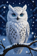 Diamond Painting mit weißer Schnee-Eule, blauen Augen, feinem Gefieder und fallenden Schneeflocken Mockup