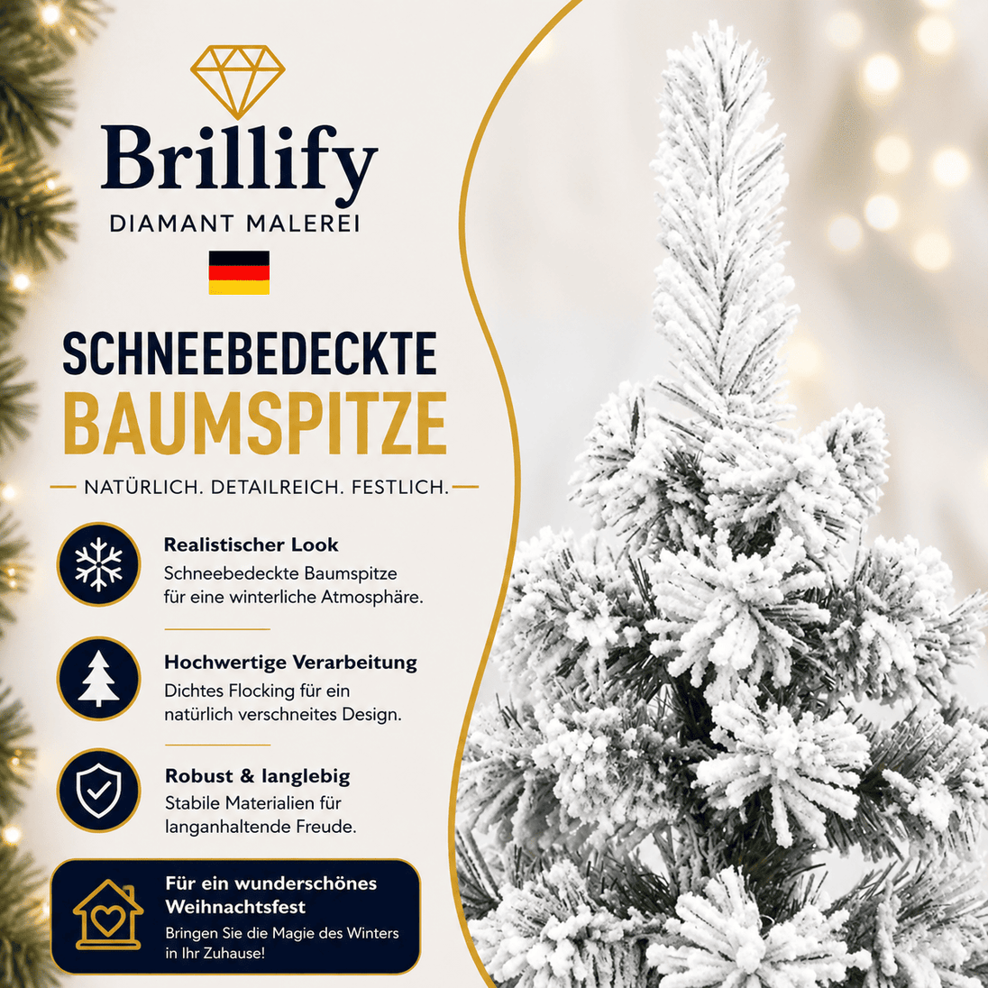 Detailansicht der schneebedeckten Baumspitze des künstlichen Weihnachtsbaums mit natürlicher Winteroptik