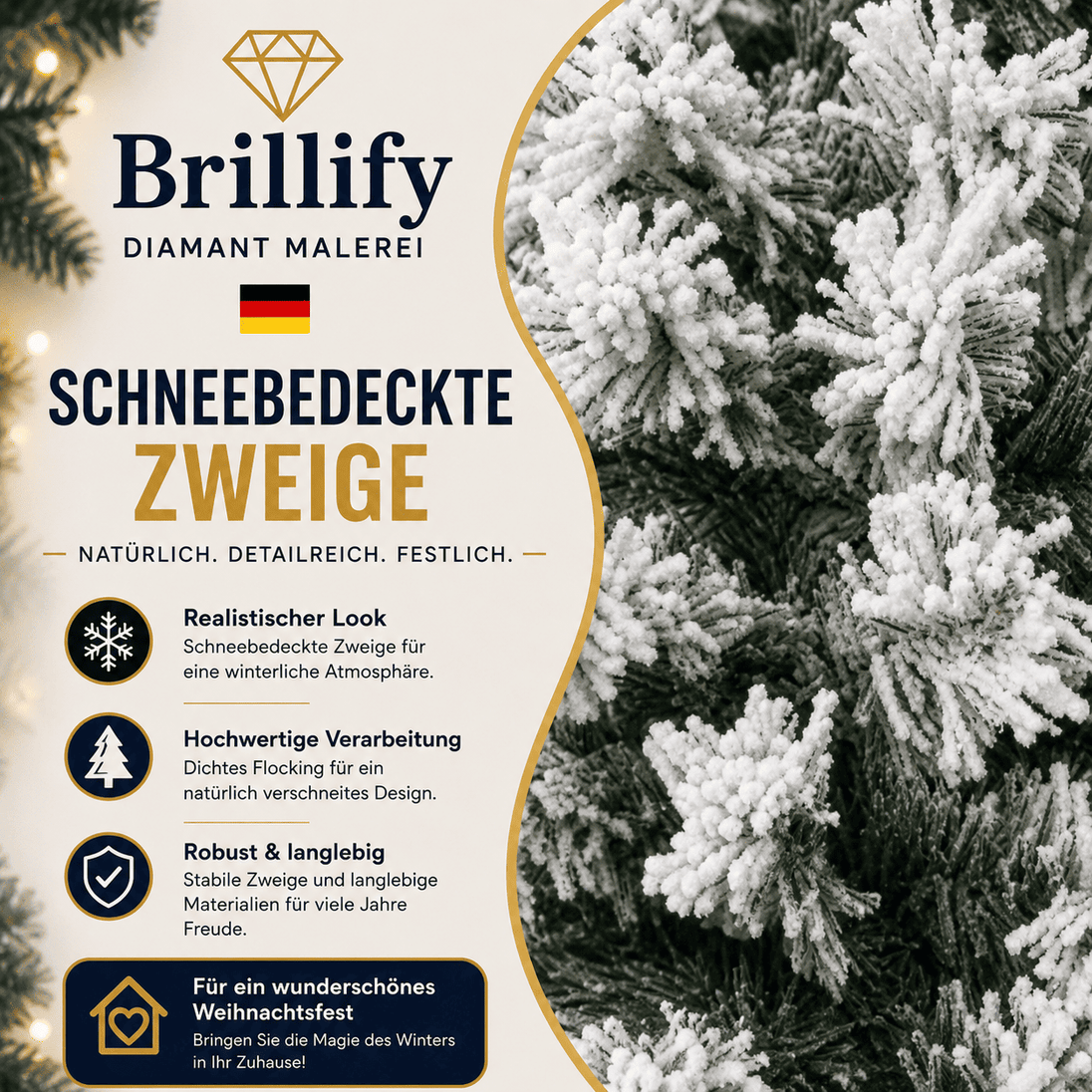 Realistisch wirkende schneebedeckte Zweige des künstlichen Weihnachtsbaums mit dichter winterlicher Optik