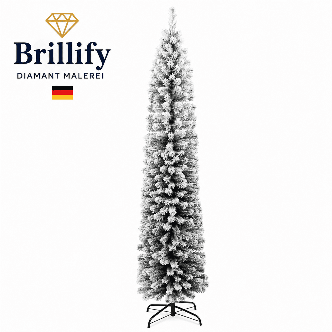 Hoher schmaler künstlicher Weihnachtsbaum mit dichtem Schneeeffekt und stabilem schwarzem Metallständer