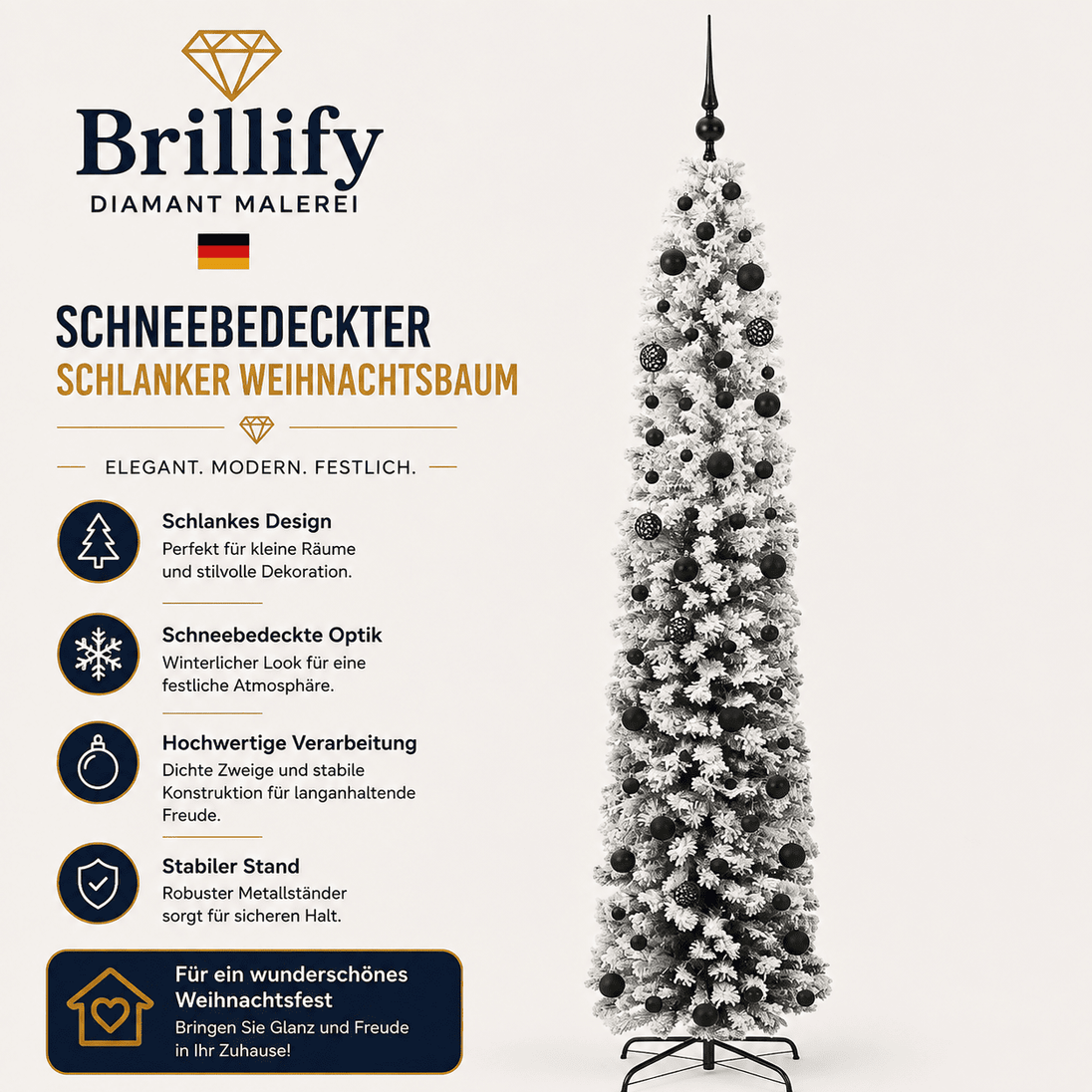 Schmaler schneebedeckter künstlicher Weihnachtsbaum mit platzsparender konischer Form und schwarzem Metallständer