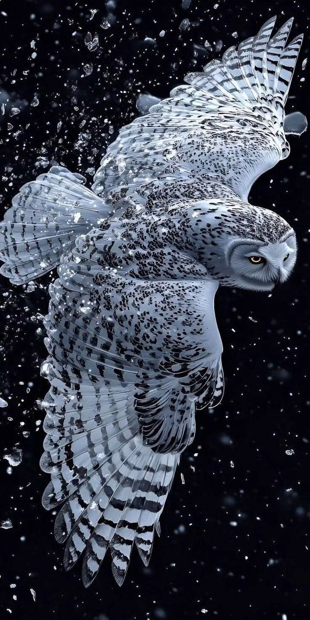 Diamond Painting mit fliegender Schneeeule, ausgebreiteten Flügeln und Kristallsplittern auf schwarzem Grund